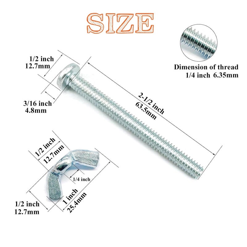 Matrelt 20Pack 1/4"-20 x2-1/2 Screw Bolts and Wing Nut Kit 10pcs Machine Screws with Round Head Phillips 10pcs Butterfly Hand Twist Tighten Nut Zinc Plated Hardware Fitting Fastenings Assortment Kit - Image 2